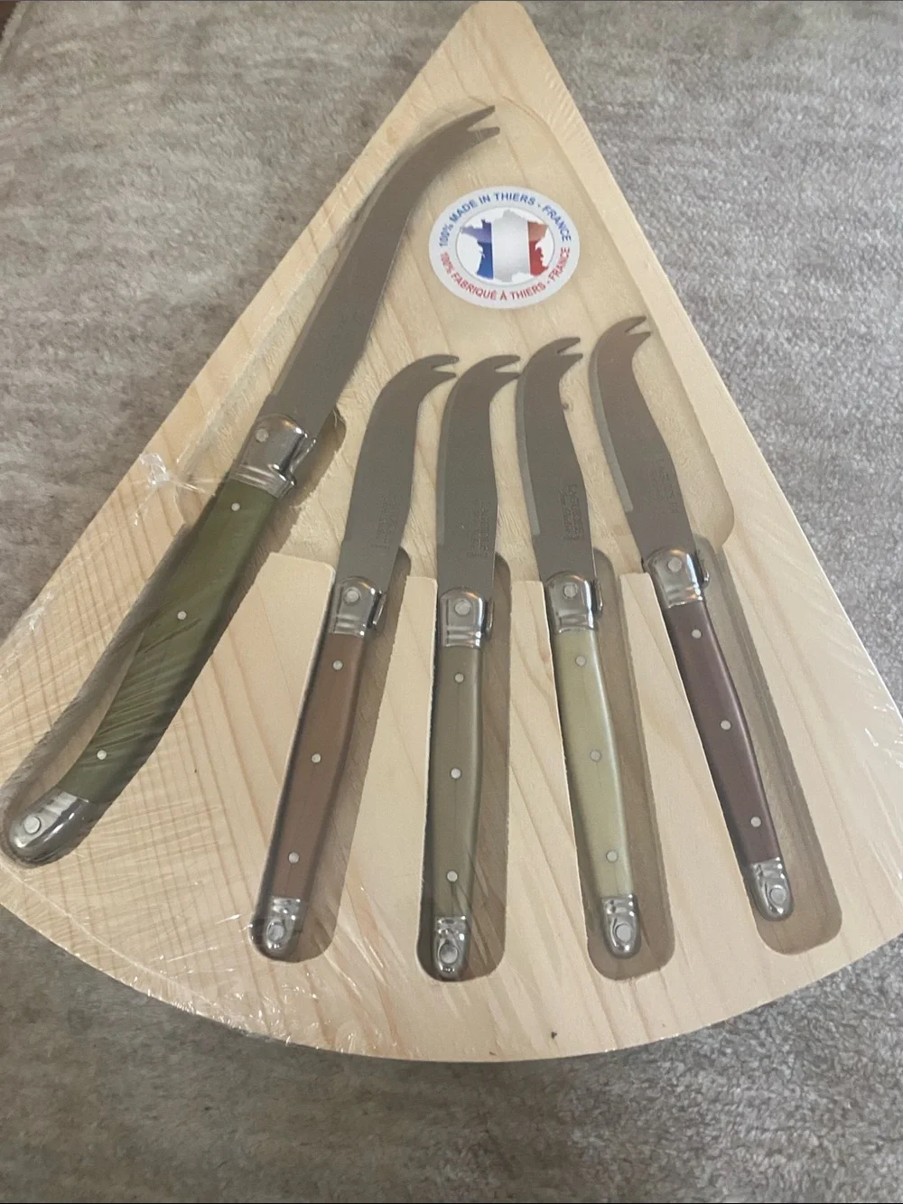 Stainless steel cheese knife set. Laquiole Jean Dubost France 5 piece set.